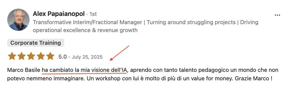Screenshot della recensione LinkedIn di Alex Papaianopol, 5,0 stelle
