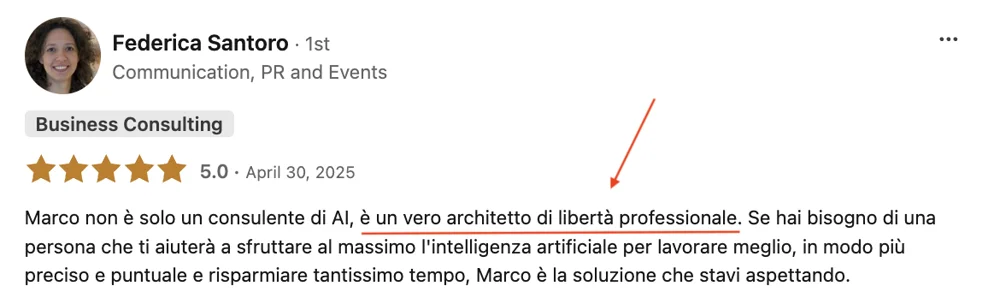 Screenshot della recensione LinkedIn di Federica Santoro, 5,0 stelle
