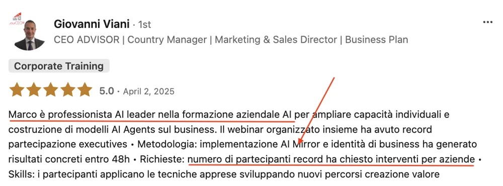 Screenshot della recensione LinkedIn di Giovanni Viani, 5,0 stelle