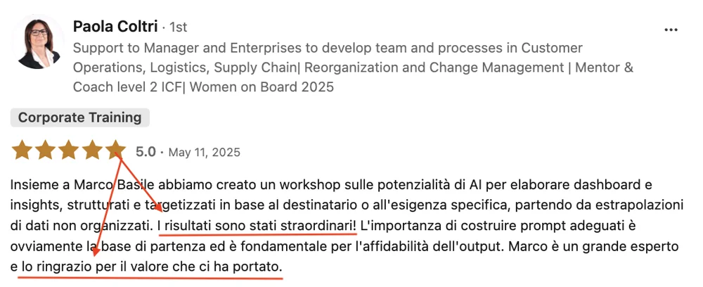 Screenshot della recensione LinkedIn di Paola Coltri, 5,0 stelle