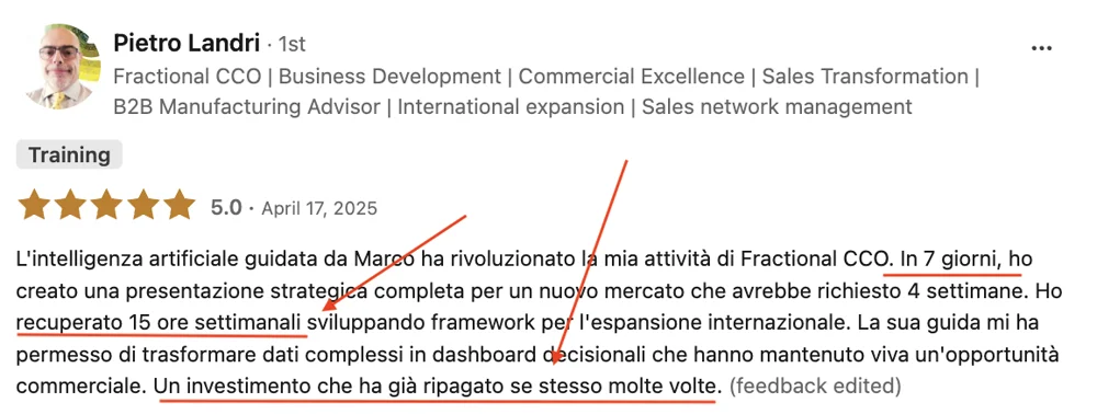 Screenshot della recensione LinkedIn di Pietro Landri, 5,0 stelle