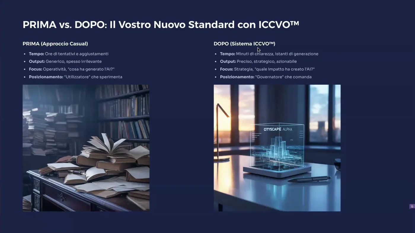 Slide «Prima vs Dopo» del workshop ICCVO del 17 settembre 2025